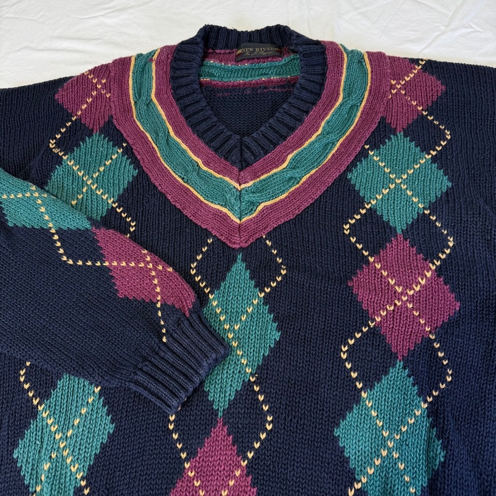 Vintage New River J Riggins Argyle V-Neck Sweater Mens Size Large Hong Kong Made